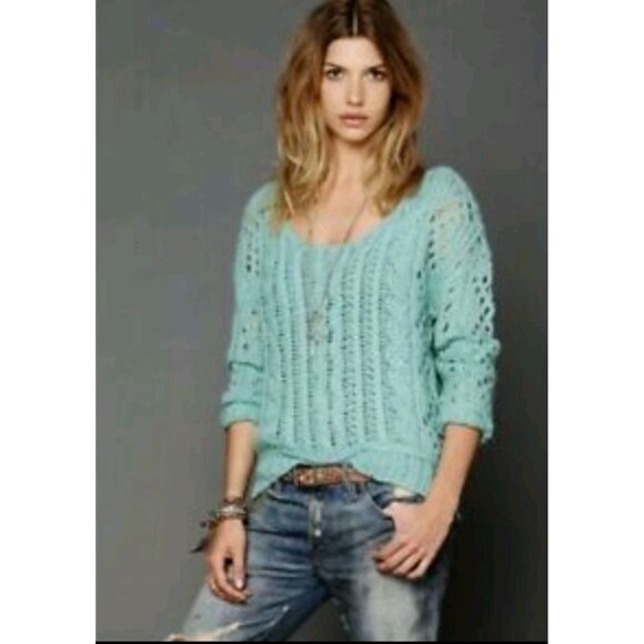 Free People Green Open Cable Knit Wool Sweater size Large Y2k 90s Oversized boho - Picture 1 of 7